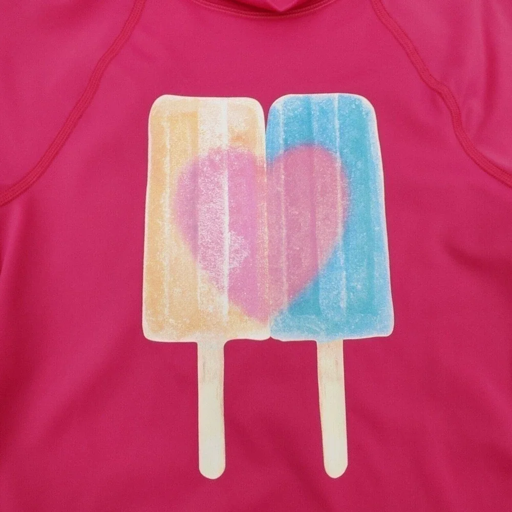 Lands End Rash Guard Shirt Girls Large Hot Pink Heart Popsicle Print Lined Swim‎